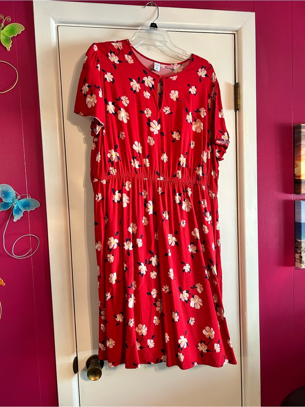 Red Floral Short Sleeve Midi Dress